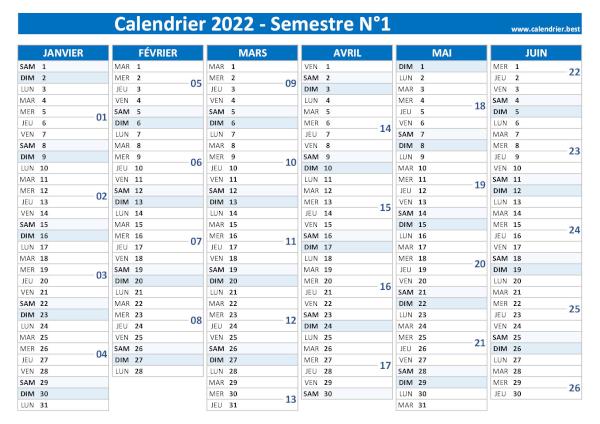 calendrier 2022 avec semaines paires et impaires, 1er semestre