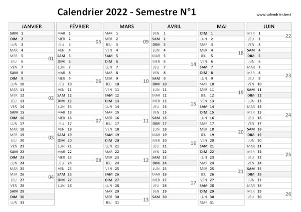 calendrier 2022 avec numéro de semaine, version semestrielle