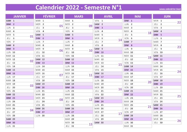 calendrier 2022 avec numéros de semaine, 1er semestre