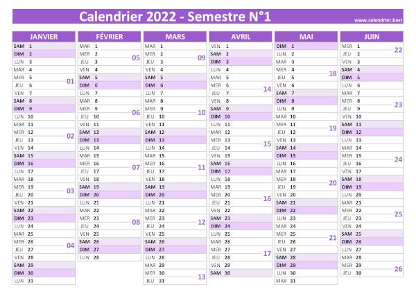 calendrier 2022 avec numéro de semaine, version semestrielle