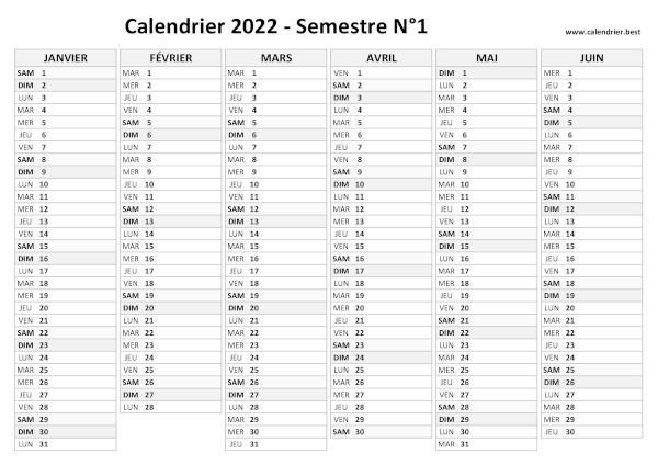 calendrier 2022 vierge, 1er semestre