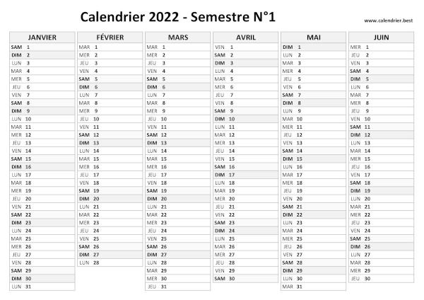 calendrier 2022 vierge à imprimer par semestre