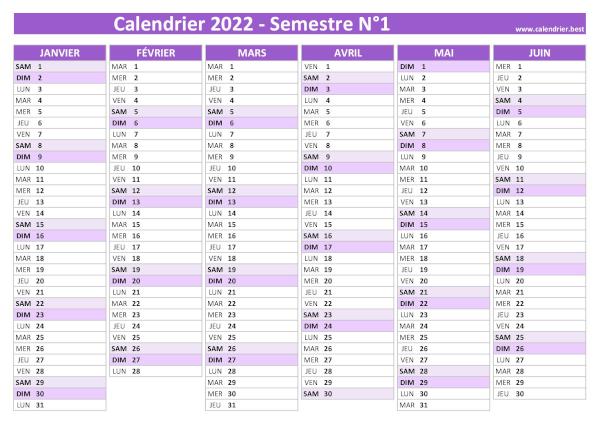 calendrier 2022 viergeà imprimer par semestre