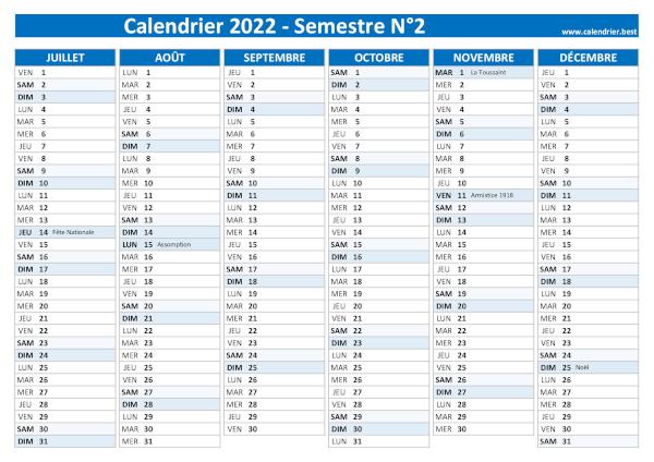 calendrier 2022 avec jours fériés, 2nd semestre