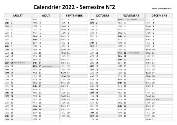 calendrier 2022 avec jours fériés, 1er semestre