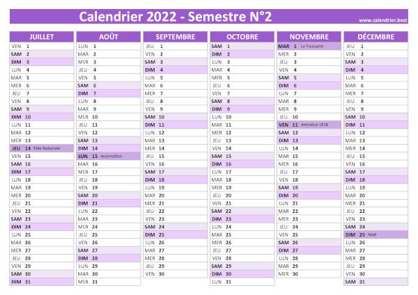 calendrier 2022 avec jours fériés, 2nd semestre
