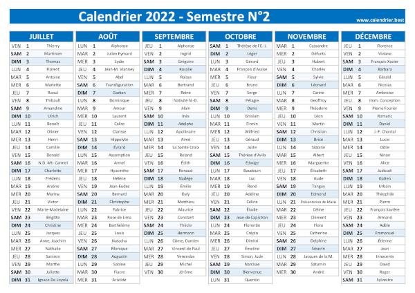 calendrier 2022 avec saints, 2nd semestre