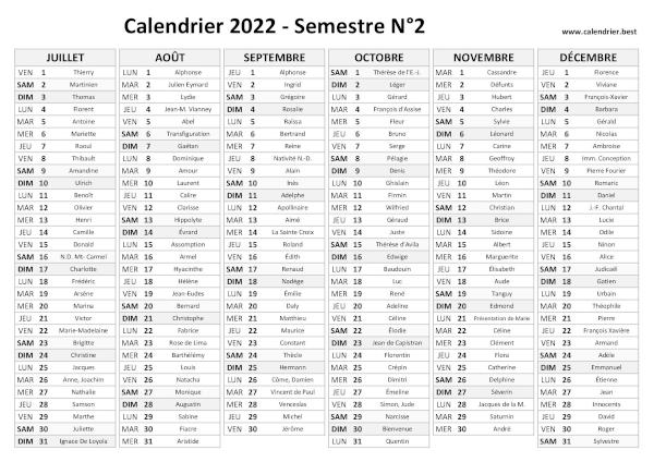 calendrier 2022 avec saints, 2nd semestre