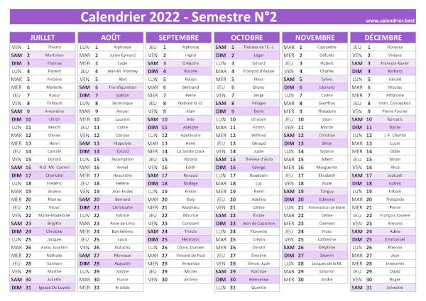calendrier 2022 avec saints, 2nd semestre