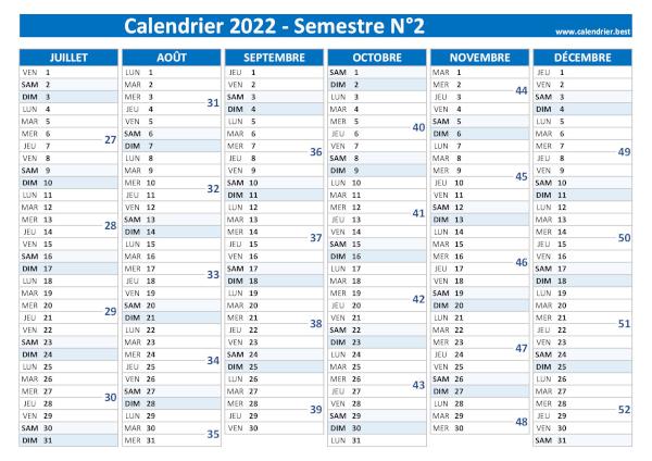 calendrier 2022 avec numéros de semaine, 2ème semestre