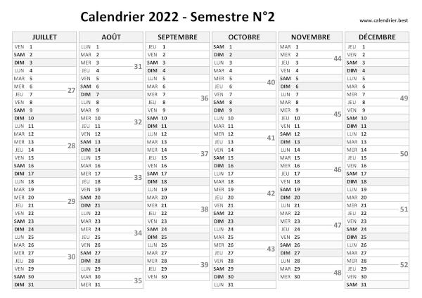 calendrier 2022 avec numéros de semaine, 1er semestre