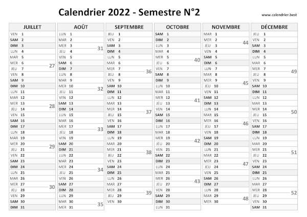 calendrier 2022 avec numéros de semaine, 2ème semestre