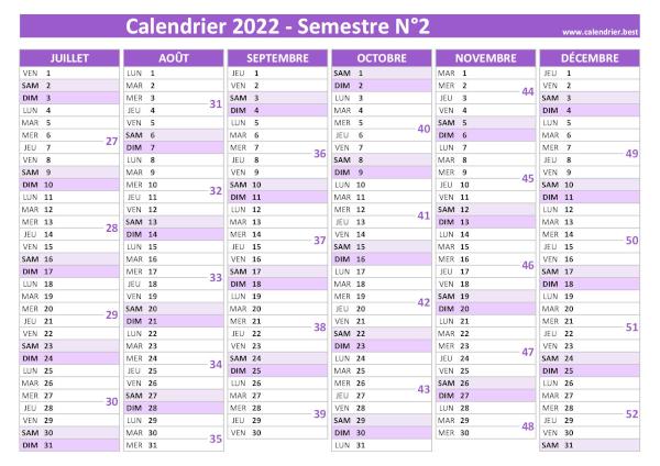 calendrier 2022 avec numéros de semaine, 2nd semestre