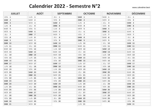 calendrier 2022 vierge, 2nd semestre
