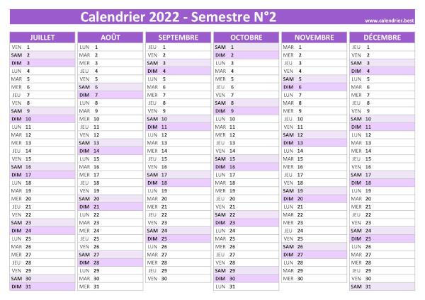 calendrier 2022 vierge, 2nd semestre