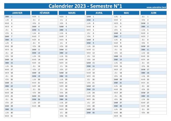 calendrier 2023 vierge à imprimer par semestre