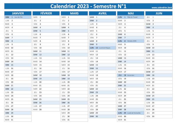 calendrier 2023 1er semestre avec jours fériés