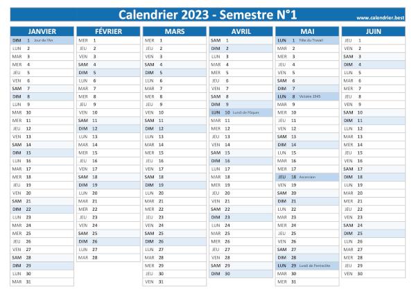 Calendrier semestriel 2023 à imprimer pour le 1er et le 2ème