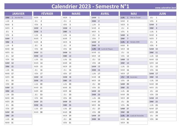 calendrier 2023 avec jours fériés, version semestrielle