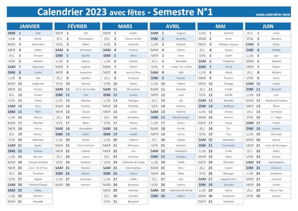 calendrier 2023 avec saints, 1er semestre