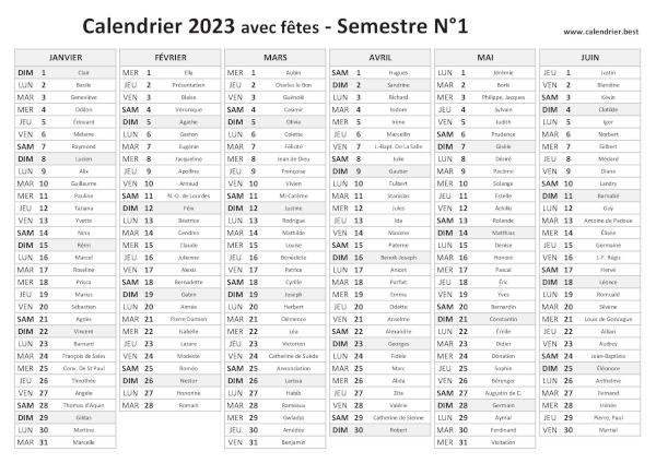 calendrier 2023 avec saints, 1er semestre