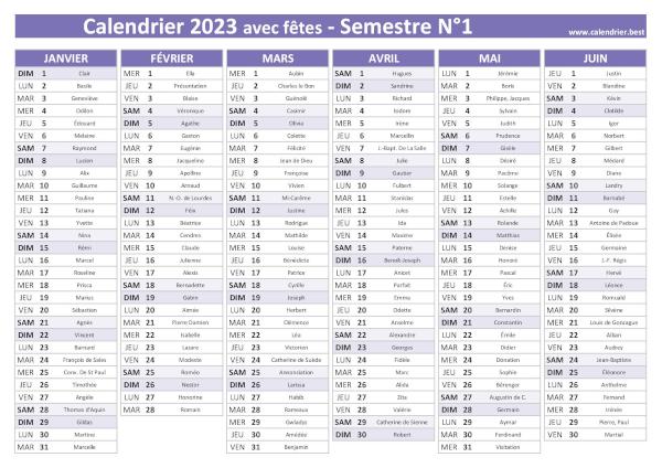 calendrier 2023 avec saints, 1er semestre