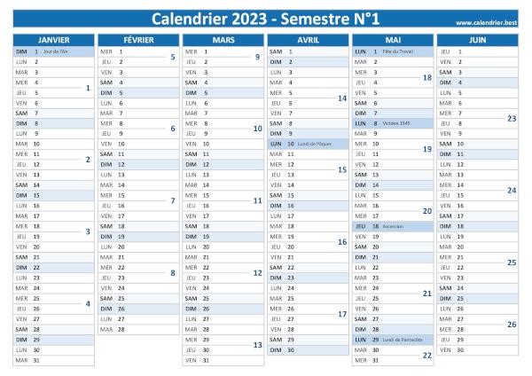 calendrier 2023 avec numéros de semaine, 1er semestre