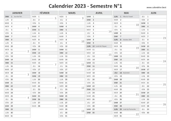 calendrier 2023 avec numéro de semaine, version semestrielle
