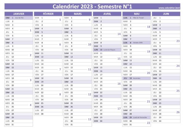 Calendrier du 1er semestre 2023 à imprimer