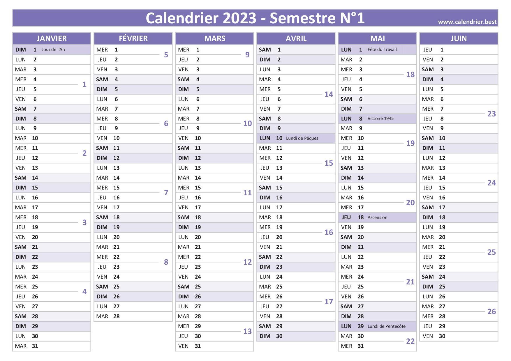 Calendrier du 2ème semestre 2023 à imprimer