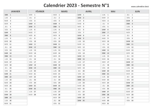 calendrier 2023 vierge, 1er semestre