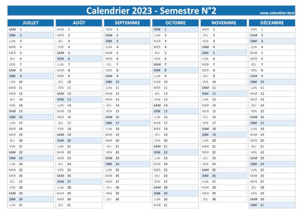 calendrier 2023 vierge, 2nd semestre