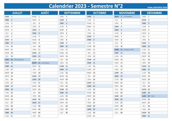 calendrier 2023 avec jours fériés, 2nd semestre