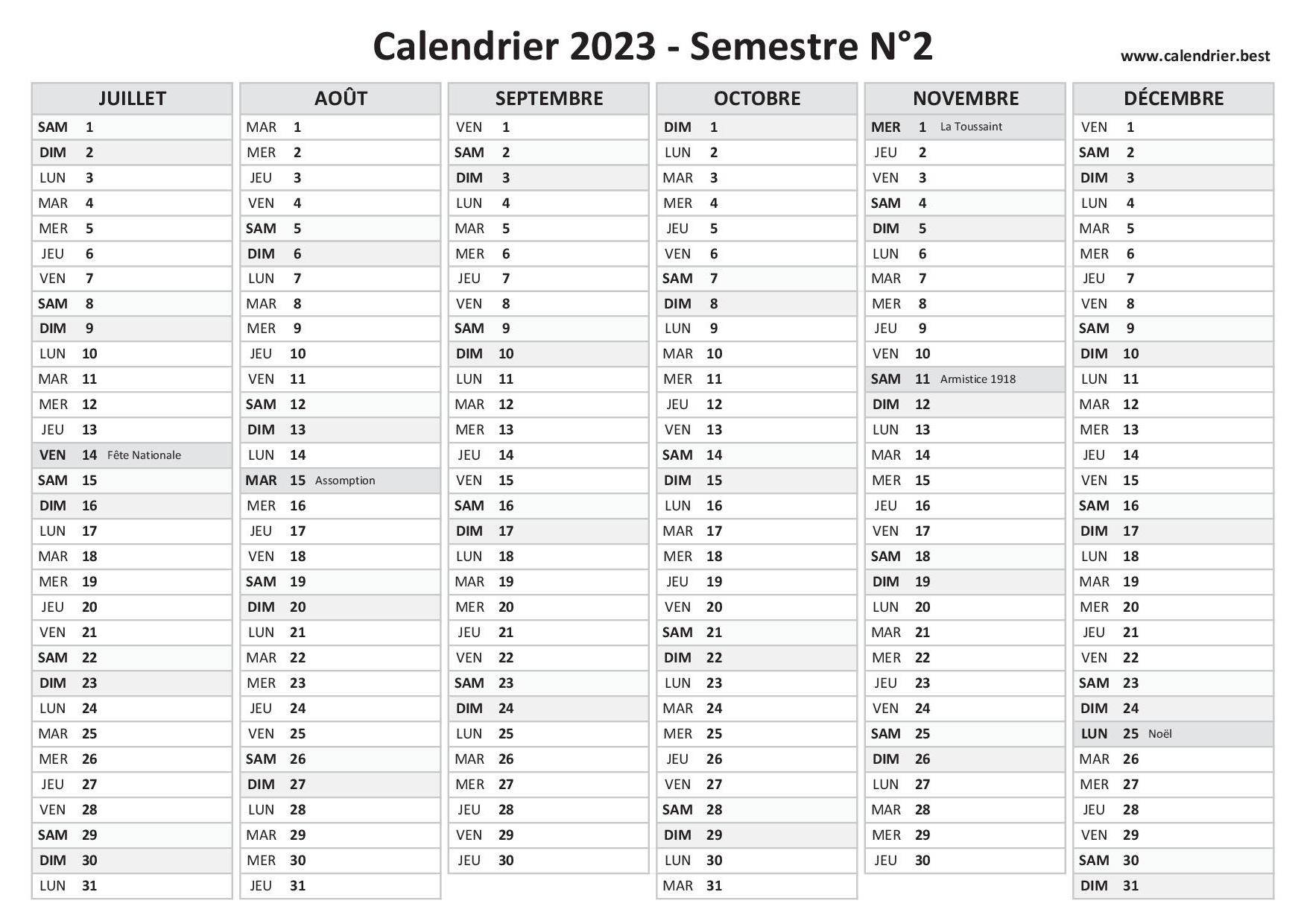 Calendrier du 2ème semestre 2023 à imprimer