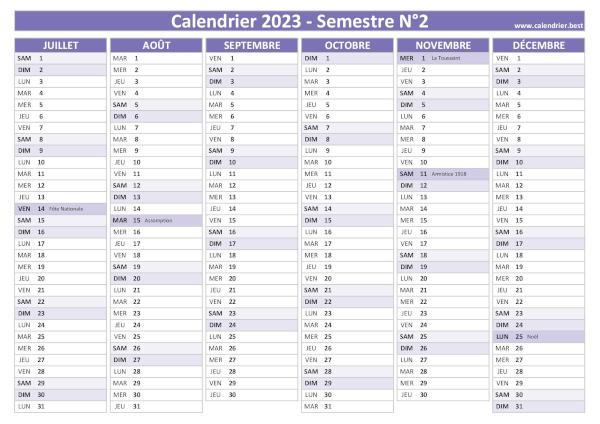 calendrier 2023 avec jours fériés, 2nd semestre