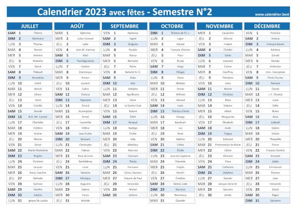 calendrier 2023 avec saints, 2nd semestre