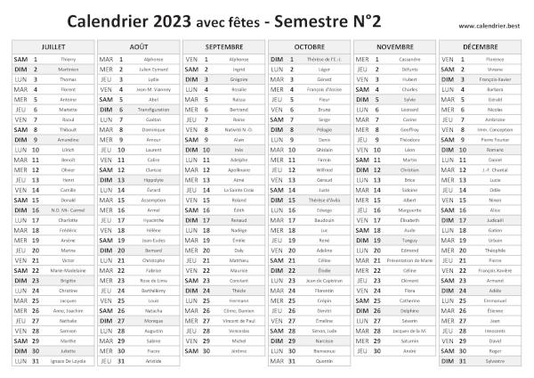 calendrier 2023 avec saints, 2nd semestre