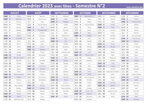 calendrier 2023 avec saints, 2nd semestre