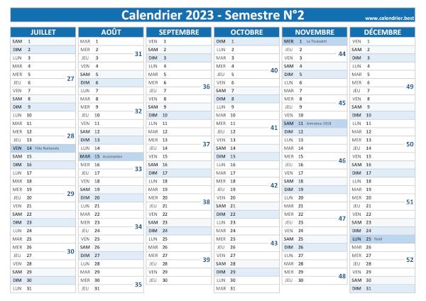 calendrier 2023 avec numéros de semaine, 2ème semestre