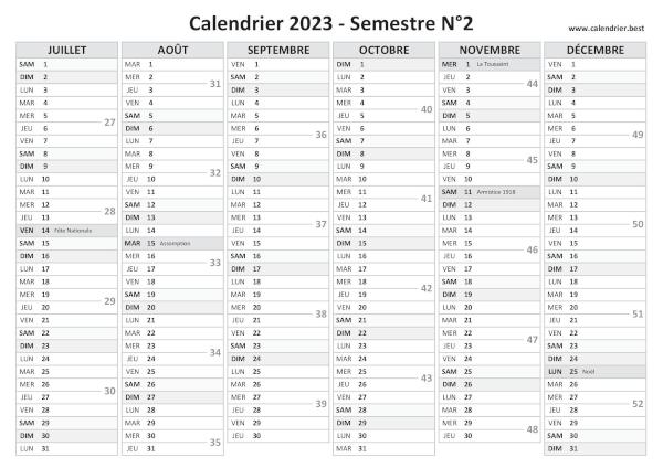 calendrier 2023 avec numéros de semaine, 1er semestre