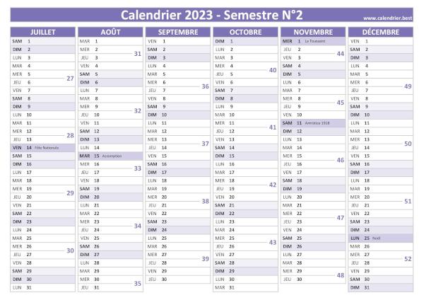 calendrier 2023 avec numéros de semaine, 2nd semestre