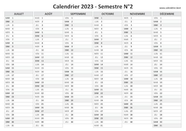 calendrier 2023 vierge, 2nd semestre