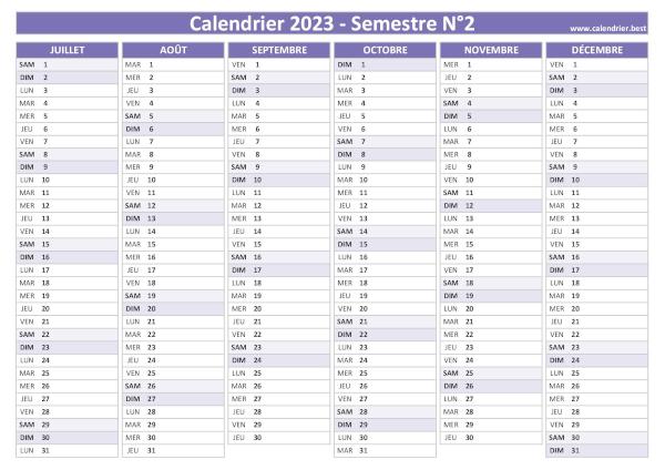 calendrier 2023 vierge, 2nd semestre