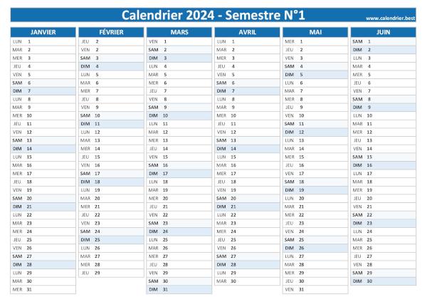 Calendrier 2024 à imprimer avec les Vacances scolaires - Calendriers A4