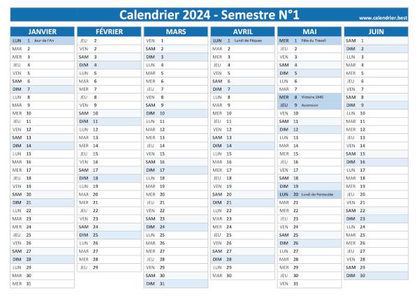 calendrier 2024 avec jours fériés, 1er semestre
