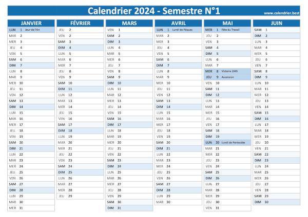 Calendrier semestriel 2024 à imprimer pour le 1er et le 2ème semestre 2024