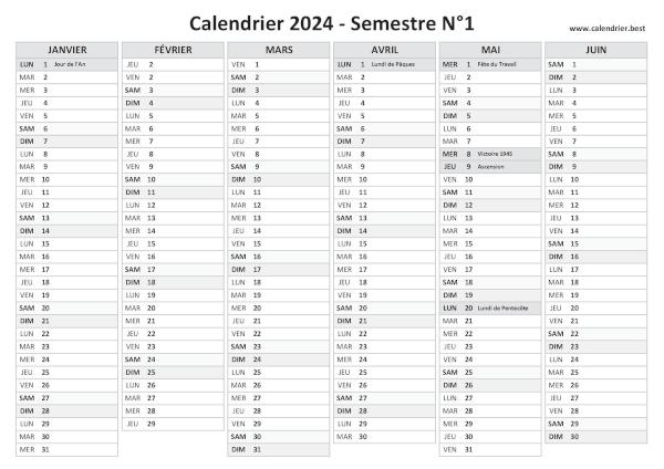 calendrier 2024 avec jours fériés, version semestrielle
