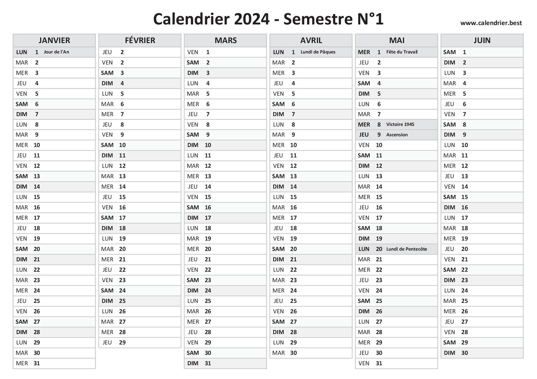 Calendrier semestriel 2024 à imprimer pour le 1er et le 2ème