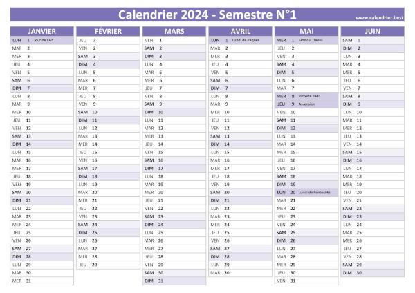 calendrier 2024 avec jours fériés, version semestrielle
