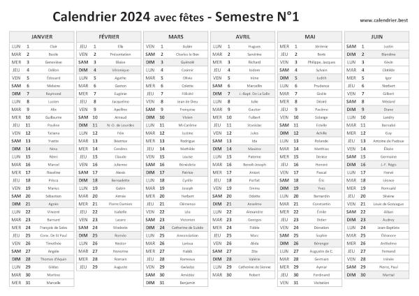 calendrier 2024 avec saints, 1er semestre